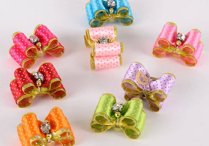 Show Tech Fancy Polka Dot Grooming Bows – Elastic Band, Colorful Decorative Set, 50 Pack