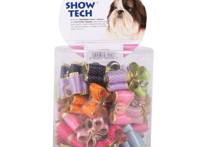 Show Tech Fancy Polka Dot Grooming Bows – Elastic Band, Colorful Decorative Set, 50 Pack