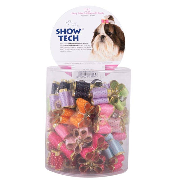 Show Tech Fancy Polka Dot Grooming Bows – Elastic Band, Colorful Decorative Set, 50 Pack