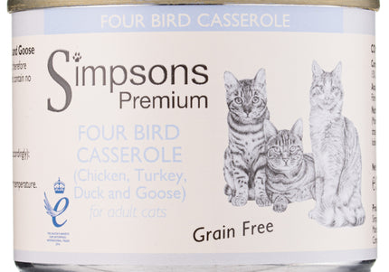 Simpsons Premium Cat Four Bird Casserole – Grain-Free Wet Food with Chicken, Turkey, Duck, Goose, 200g