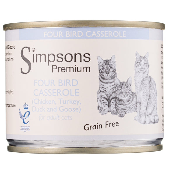 Simpsons Premium Cat Four Bird Casserole – Grain-Free Wet Food with Chicken, Turkey, Duck, Goose, 200g