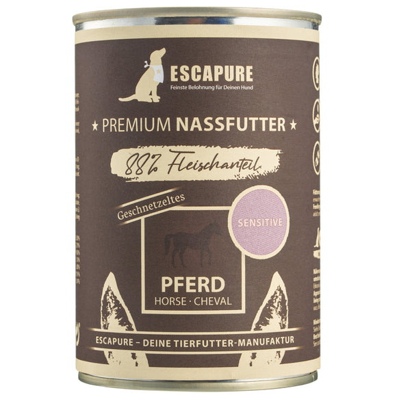Escapure Geschnetzeltes Pferd Wet Dog Food – 88% Horse Meat with Vegetables, 400g, Hypoallergenic Recipe