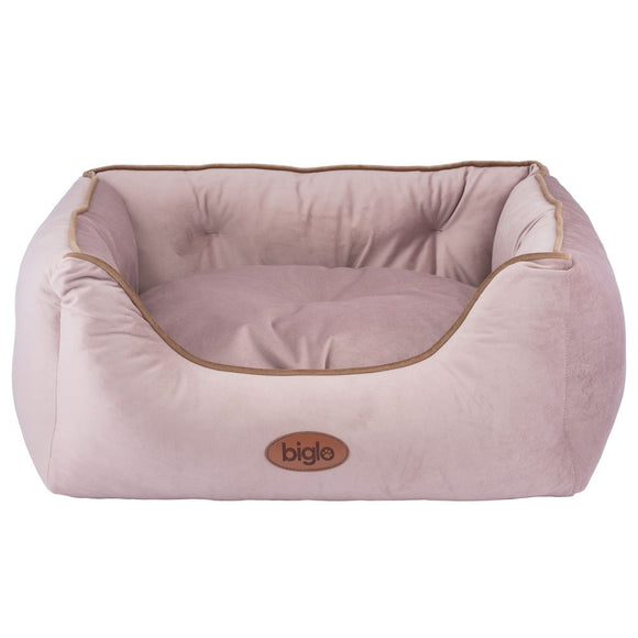 Biglo Velur Love Lux Pink Velvet Bed – Medium, Soft Cushion with Dusty Pink Piping