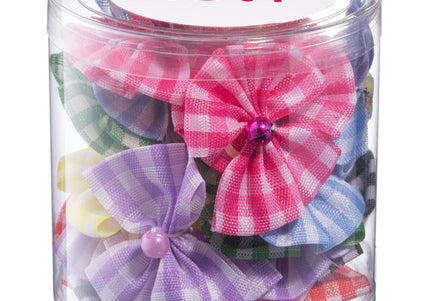 Blovi Chequered Grooming Bows – 25 Pack, Elastic Band with Decorative Bead Accent