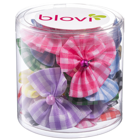 Blovi Chequered Grooming Bows – 25 Pack, Elastic Band with Decorative Bead Accent