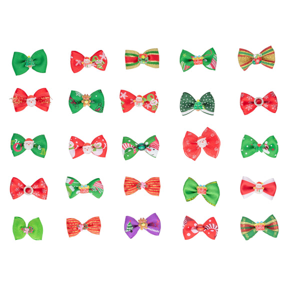 Blovi Christmas Grooming Bows Set – Mixed Festive Patterns, 25 Piece Decorative Pack