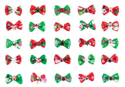 Blovi Christmas Grooming Bows – Mixed Festive Patterns on Elastic, 25 Piece Set