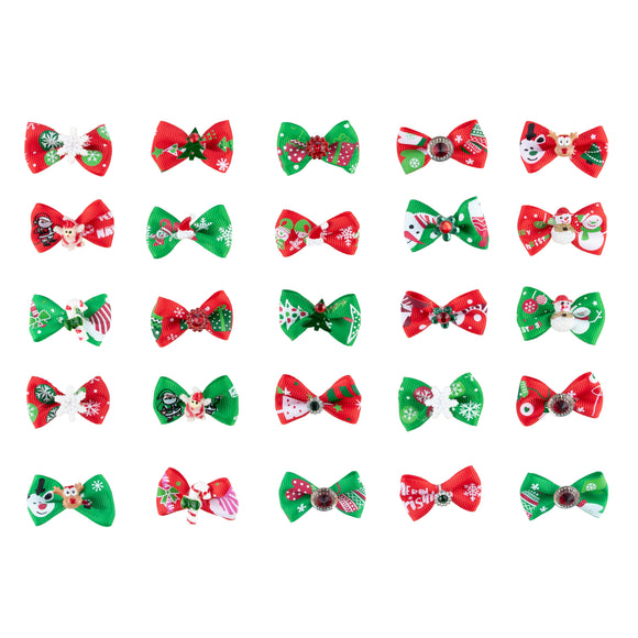 Blovi Christmas Grooming Bows – Mixed Festive Patterns on Elastic, 25 Piece Set