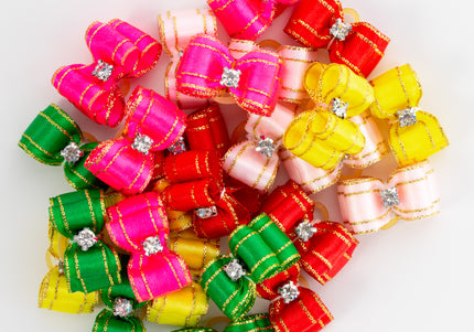 Blovi Bows Lux – Elegant Colorful Grooming Bows with Gold Thread and Diamond, 25 Pack