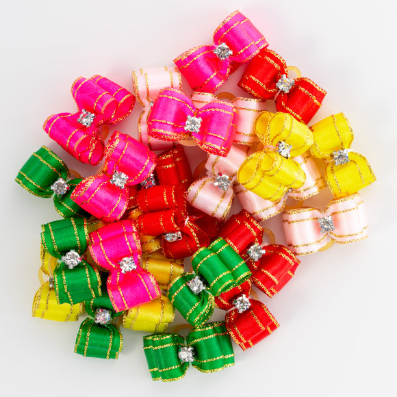 Blovi Bows Lux – Elegant Colorful Grooming Bows with Gold Thread and Diamond, 25 Pack