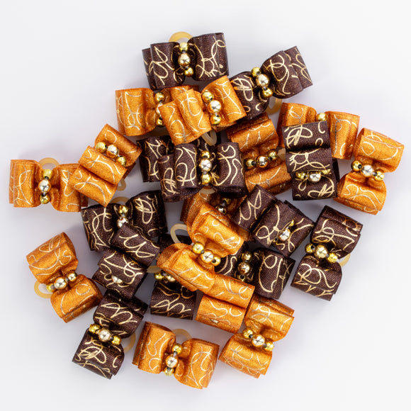 Blovi Gold Grooming Bows – Elegant Brown and Gold Set with Elastic Bands, 25 Pack