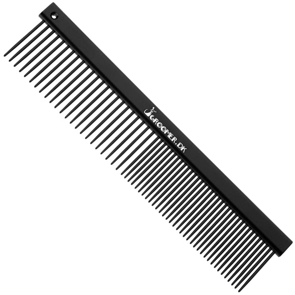 Groomer.dk Antistatic Teflon Grooming Comb 17.5cm – Metal, Mixed Tooth Spacing, Smooth Glide