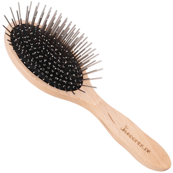 Groomer.dk De Luxe Silver Brush Large – Oval Metal Pin Grooming Brush, Ergonomic Design