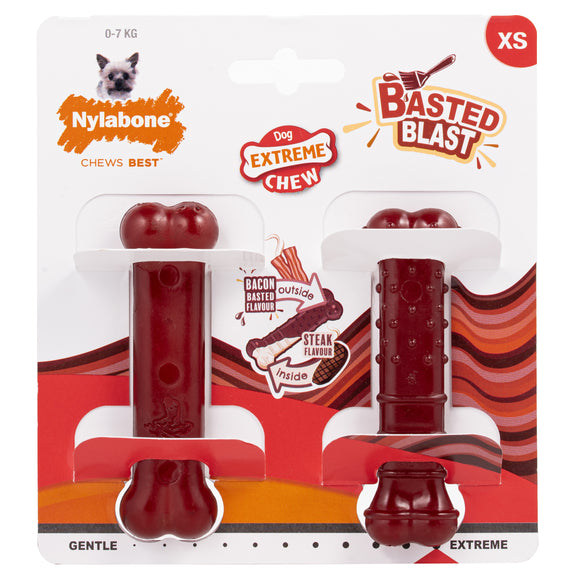 Nylabone Power Chew Basted Blast Bone XS – Hard Dual-Flavor Bacon and Steak Chew Set, 2 Pack