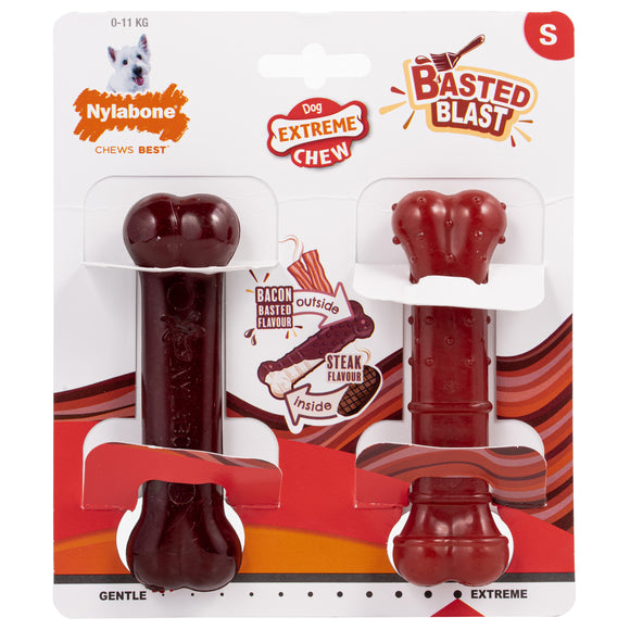Nylabone Power Chew Basted Blast Bone XS – Hard Dual-Flavor Bacon and Steak Chew Set, 2 Pack