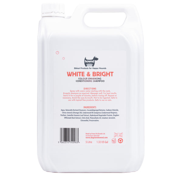 Hownd Miracle White & Bright Shampoo – Concentrated 1:25 Formula, 5L, Enhances Coat Radiance