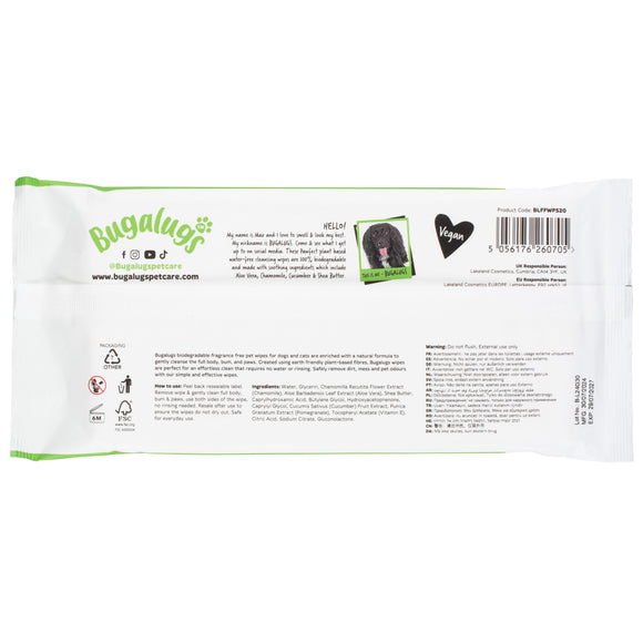 Bugalugs Fragrance Free Pet Wipes – Biodegradable, Gentle Cleaning Wet Wipes, 20 Pack