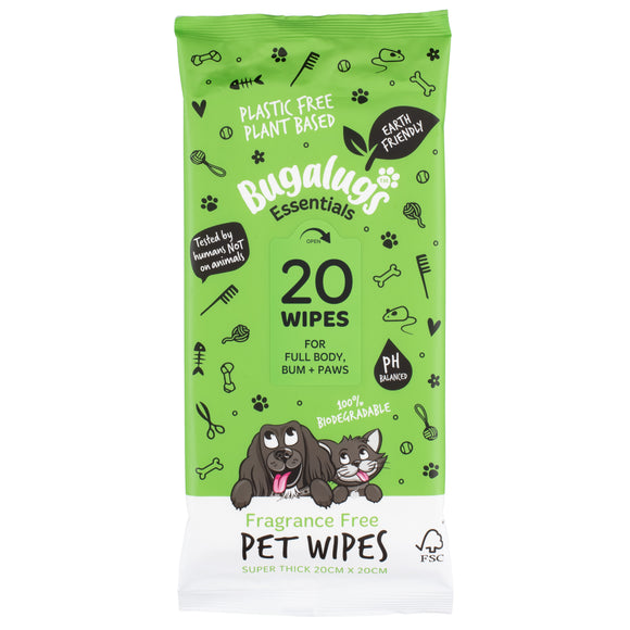 Bugalugs Fragrance Free Pet Wipes – Biodegradable, Gentle Cleaning Wet Wipes, 20 Pack