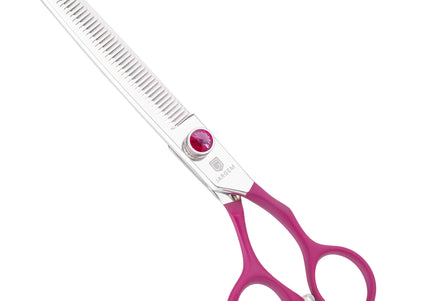 Jargem Fuchsia Thinning Scissors – 7" Single-Sided, 50 Teeth, Ergonomic Soft Handle