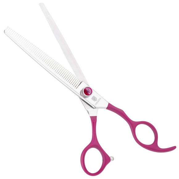 Jargem Fuchsia Thinning Scissors – 7" Single-Sided, 50 Teeth, Ergonomic Soft Handle