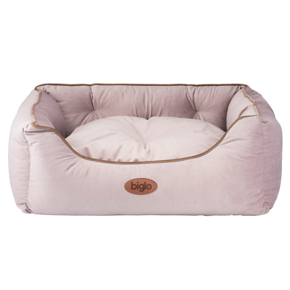Biglo Velur Love Lux Pink Velvet Bed – Medium, Soft Cushion with Dusty Pink Piping