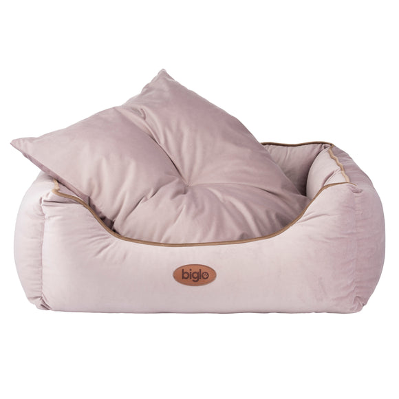 Biglo Velur Love Lux Pink Velvet Bed – Medium, Soft Cushion with Dusty Pink Piping