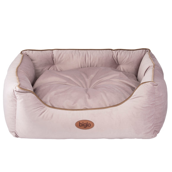 Biglo Velur Love Lux Pink Velvet Bed – Medium, Soft Cushion with Dusty Pink Piping