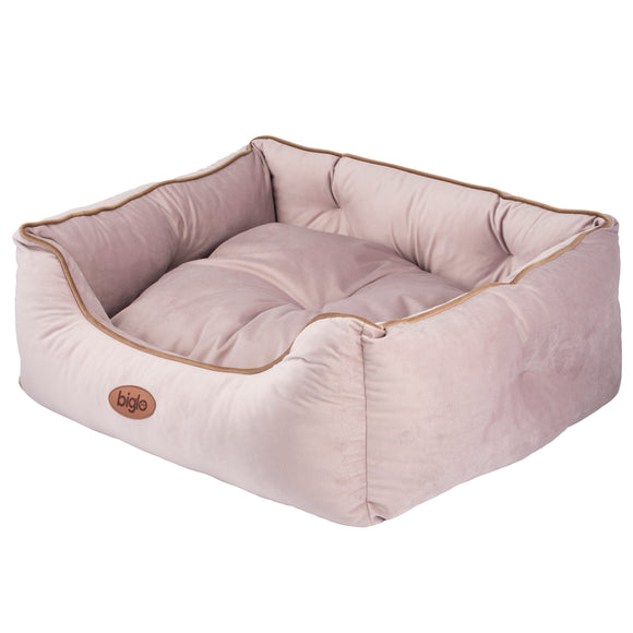 Biglo Velur Love Lux Pink Velvet Bed – Medium, Soft Cushion with Dusty Pink Piping