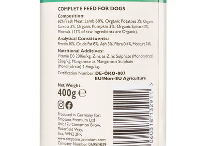 Simpsons Premium Adult Lamb Casserole Wet Dog Food – Grain-Free, 6 x 400g Cans