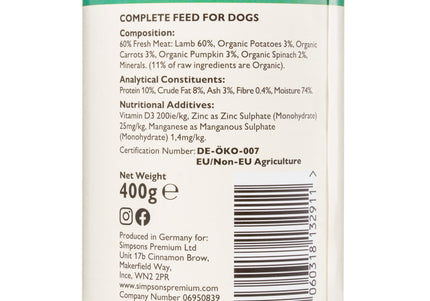 Simpsons Premium Adult Lamb Casserole Wet Dog Food – Tender Grain-Free Recipe, 24 x 400g Cans
