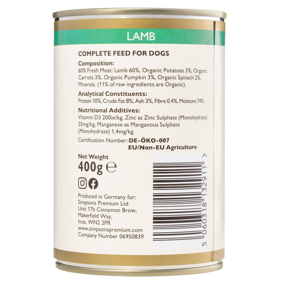 Simpsons Premium Adult Lamb Casserole Wet Dog Food – Tender Grain-Free Recipe, 24 x 400g Cans
