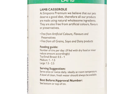 Simpsons Premium Adult Lamb Casserole Wet Dog Food – Grain-Free, 6 x 400g Cans