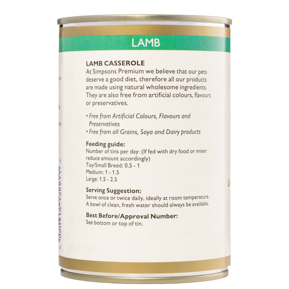 Simpsons Premium Lamb Casserole Wet Dog Food – Tender Lamb Recipe, 6 x 400g Cans