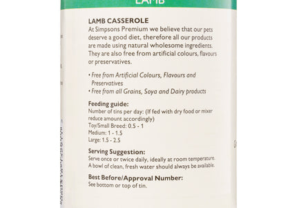Simpsons Premium Adult Lamb Casserole Wet Dog Food – Tender Grain-Free Recipe, 24 x 400g Cans