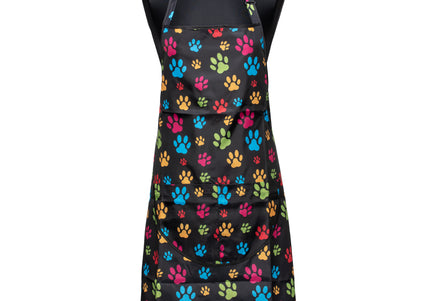 Blovi Black Grooming Apron – Colorful Paw Print, One Size, Lightweight and Water-Resistant