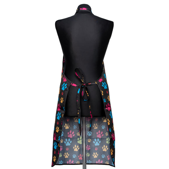 Blovi Black Grooming Apron – Colorful Paw Print, One Size, Lightweight and Water-Resistant