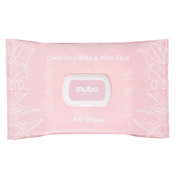 Mubo Chlorhexidine Aloe Vera Grooming Wipes – Antibacterial Cleansing, Moisturizing, 100 Pack, 15x30cm