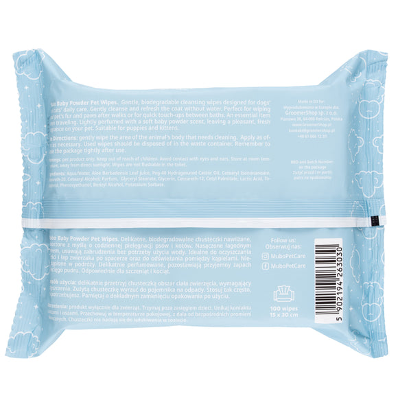 Mubo Baby Powder Pet Wipes 100 Pack – Delicate Aloe-Infused Cleansing Wipes, 15x30cm, Gentle Scent