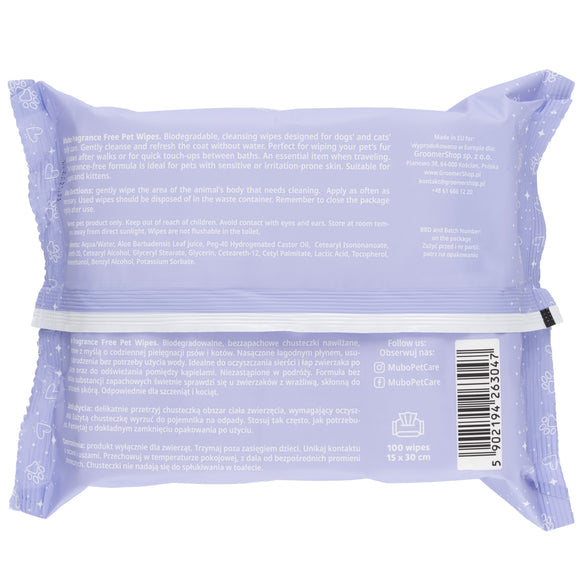 Mubo Fragrance Free Grooming Wipes – Unscented Aloe-Infused Large Wipes, 100 Pack