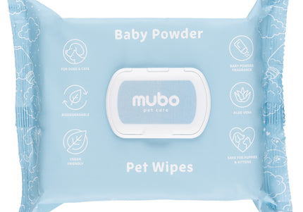 Mubo Baby Powder Pet Wipes 100 Pack – Delicate Aloe-Infused Cleansing Wipes, 15x30cm, Gentle Scent