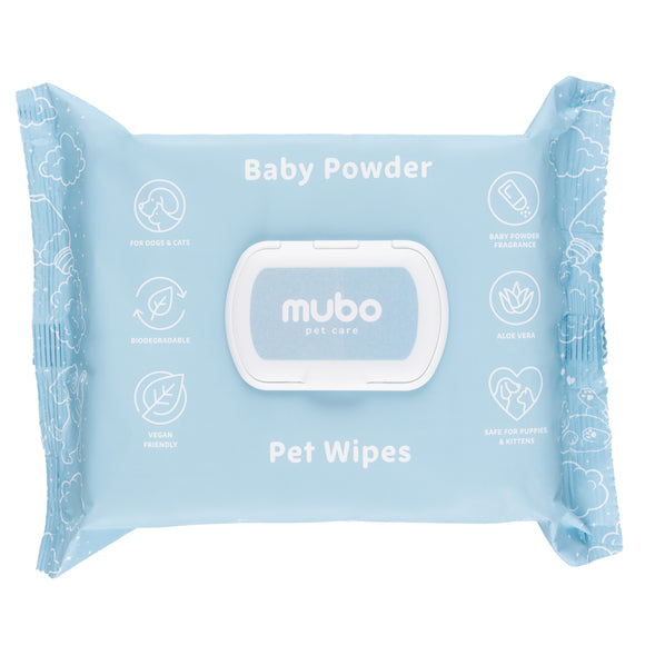 Mubo Baby Powder Pet Wipes 100 Pack – Delicate Aloe-Infused Cleansing Wipes, 15x30cm, Gentle Scent