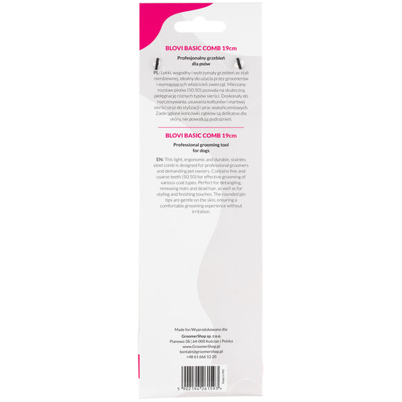 Blovi Basic Grooming Comb 19cm – Metal Construction with Mixed Pin Spacing, Lightweight Design
