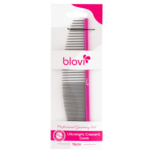 Blovi Ultralight Crescent Comb 16cm – Lightweight Semi-Circular Metal Grooming Comb, Mixed Pin Spacing