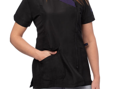 Blovi Diana Grooming Blouse – Black Short Sleeve with Purple Neckline, Embroidered, Size L