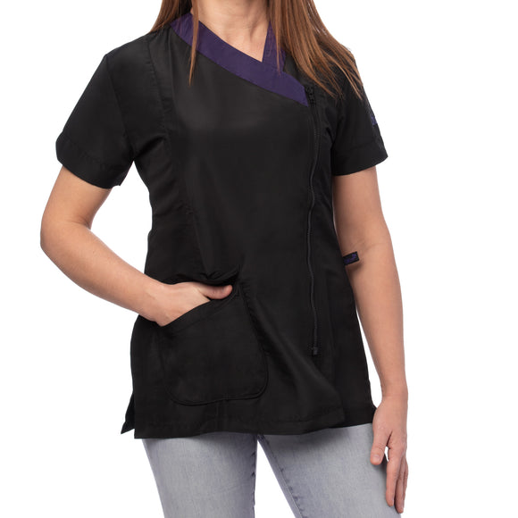Blovi Diana Grooming Blouse – Black Short Sleeve with Purple Neckline, Embroidered, Size L
