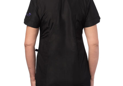 Blovi Diana Grooming Blouse – Black Short Sleeve with Purple Neckline, Embroidered, Size L