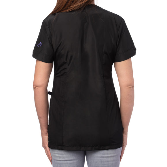 Blovi Diana Grooming Blouse – Black Short Sleeve with Purple Neckline, Embroidered, Size L