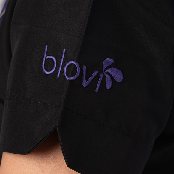 Blovi Diana Grooming Blouse – Black Short Sleeve with Purple Neckline, Embroidered, Size L