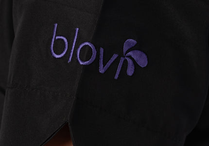 Blovi Diana Grooming Blouse – Black Short Sleeve with Purple Neckline, Embroidered, Size L