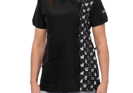 Blovi White Poodle Women's Grooming Blouse – Black Short Sleeve, Box Pattern, 3XL Size